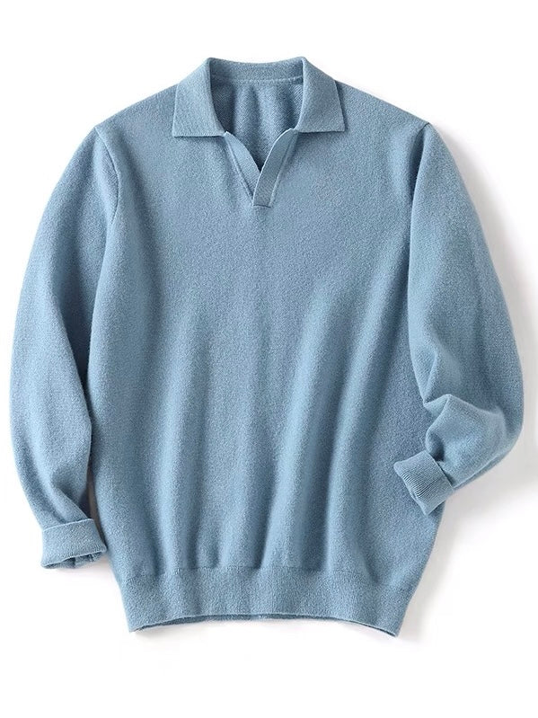 Bleu Pastel Long Sleeves Cashmere Polo