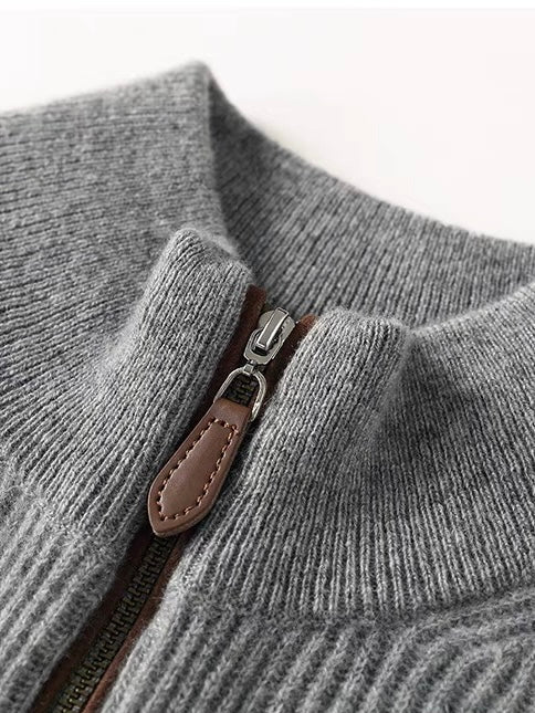Grey Cashmere Rib Knit Half-Zip