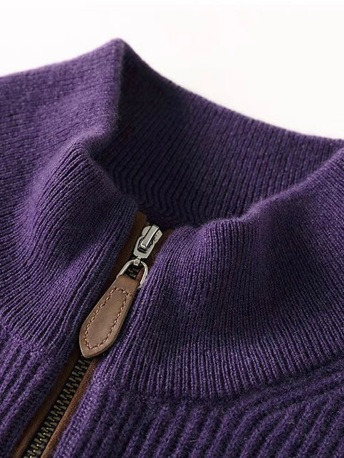 Purple Cashmere Rib Knit Half-Zip