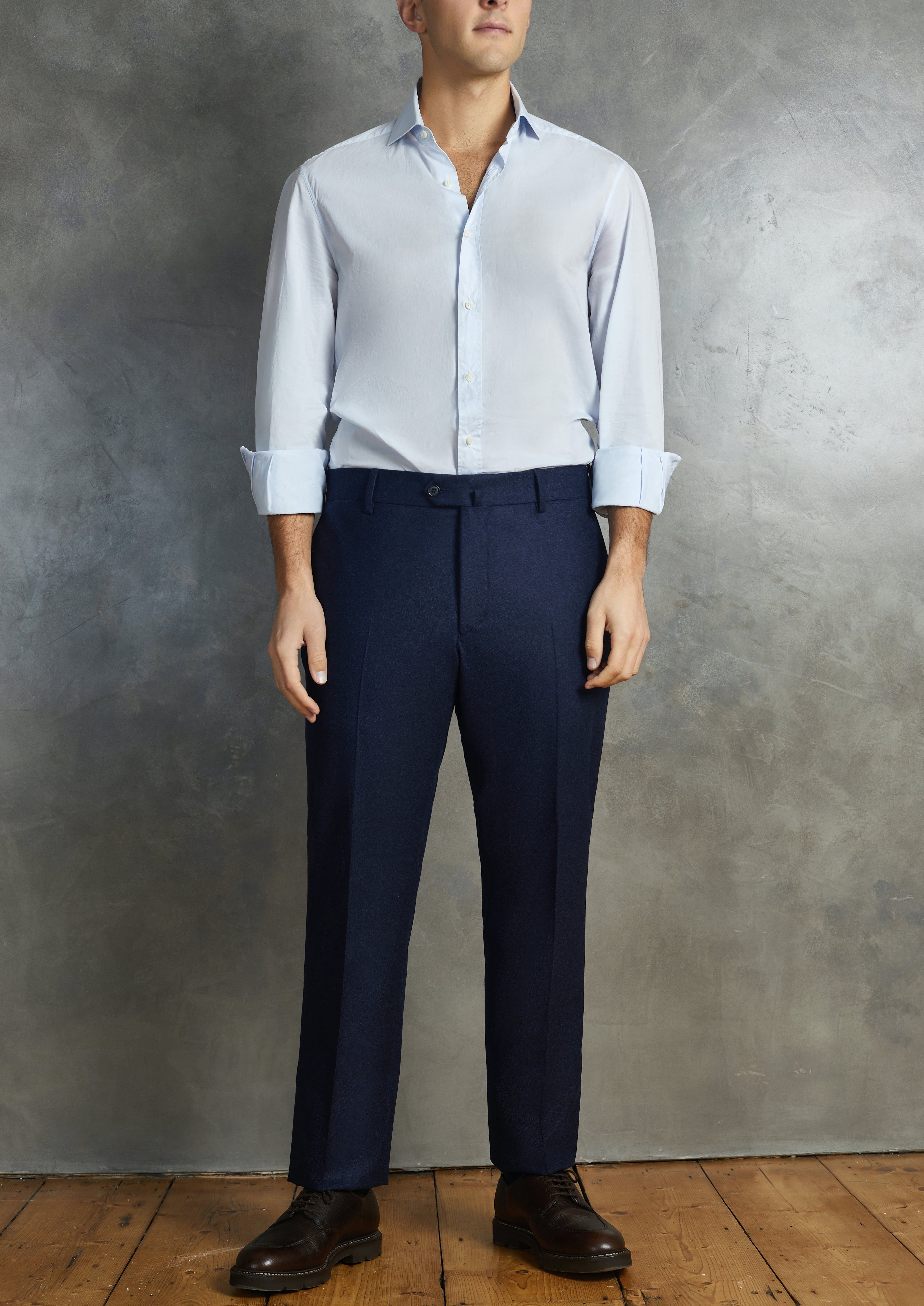Melange Navy Wool Flannel Traditional Fit Trousers
