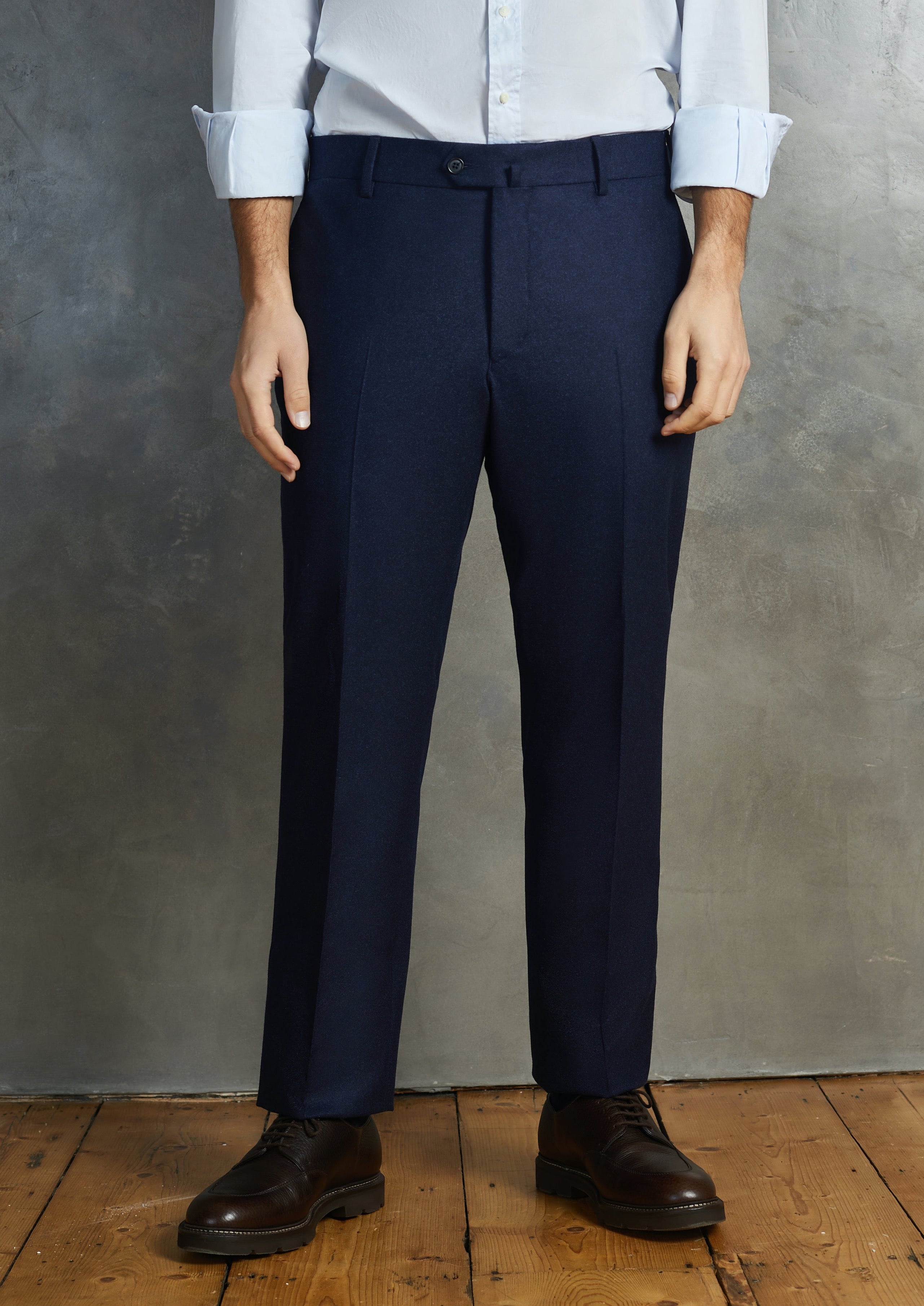 Melange Navy Wool Flannel Traditional Fit Trousers