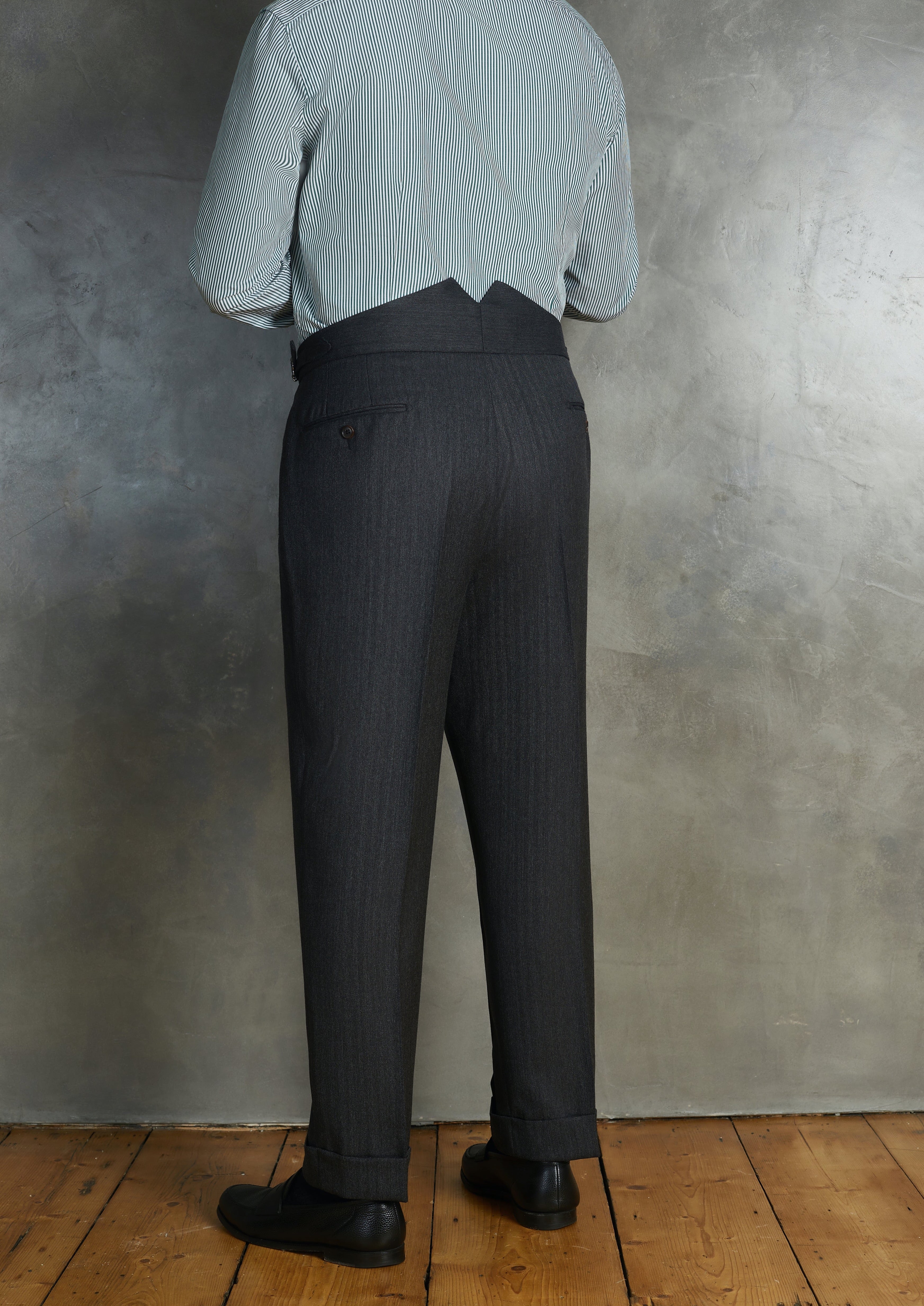 Dark Grey Wool Chevron Trousers with Pleats